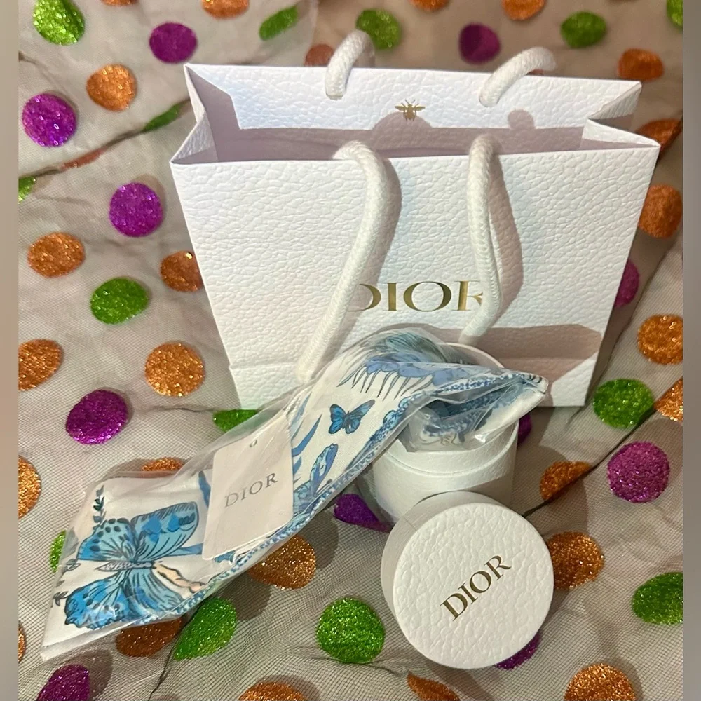Christian Dior Blue Floral Butterfly Twilly Scarf with White Gift Box and Bag